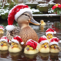 Image showing Duck and ducklings in a pond wearing Christmas Hats generative a