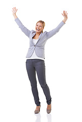 Image showing Portrait, wow and success with business woman in studio isolated on white background for celebration. Winner, motivation and goals with happy young person cheering for target, achievement or victory