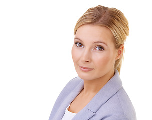 Image showing Portrait, serious and confident business woman in studio isolated on white background for company mission. Work, job and closeup face of young employee in professional suit for corporate career