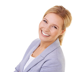 Image showing Portrait, smile and suit with business woman in studio isolated on white background for employment. Face, corporate career and confident or happy young professional employee with job satisfaction
