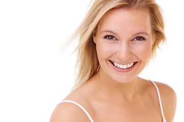 Image showing Portrait, smile and beauty of woman, skincare and shine in studio isolated on a white background. Face, happy and blonde model in makeup, cosmetics and spa facial treatment for dermatology on mockup