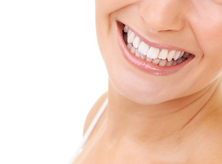 Image showing Dental, smile and woman in studio for oral care, hygiene and fresh breath treatment closeup on white background. Teeth whitening, mouth or female model with mockup for cleaning, tooth or gum wellness
