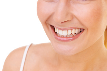Image showing Smile, dental and woman in studio for oral care, hygiene and fresh breath treatment closeup on white background. Teeth whitening, mouth or female model with mockup for cleaning, tooth or gum wellness