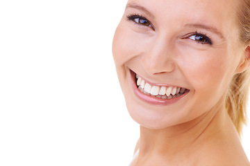 Image showing Portrait, teeth and beauty of happy woman, skincare and shine in studio isolated on a white background. Face, glow and blonde model in makeup cosmetics, dermatology and spa facial treatment on mockup