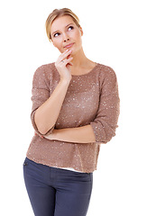 Image showing Woman, thinking and remember idea in studio, white background and planning mock up. Question, why and person with decision, choice or creative solution for problem solving with information from faq