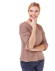 Image showing Thinking, woman and remember idea in studio, white background and planning mock up. Question, why and person with decision, choice or creative solution or reminder of memory with information in faq