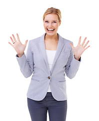 Image showing Portrait, smile and wow with business woman in studio isolated on white background for celebration. Winner, surprise and excited with happy young employee cheering for target, goals or victory