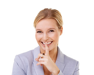 Image showing Secret, portrait and woman with finger on lips in studio for hush news, mute or quiet gesture on white background. Gossip, face and female model with hand emoji for privacy, confidential or whisper