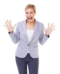 Image showing Woman, studio and portrait with smile, pose or gesture for happiness and style. Businesswoman, surprise and excited for promotion, winning or empowerment with isolated, white background and attitude