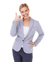 Image showing Woman, studio and portrait with hand, gesture and smile with hand phone, confidence and suit. Businesswoman, telephone and white background for call me, hand raised and attitude for contact and wow