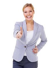 Image showing Portrait, thumbs up or happy business woman in studio with motivation, support or thank you sign on white background. Winner, face or entrepreneur with hand emoji for service, excellence or guarantee