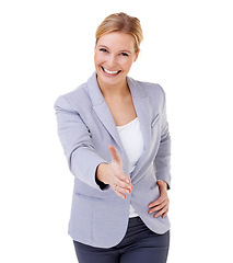 Image showing Portrait, interview and handshake with business woman in studio isolated on white background for welcome. Smile, thank you or partnership with young human resources employee shaking hands for deal