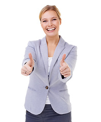 Image showing Portrait, smile and business woman with thumbs up in studio for motivation, support or thank you on white background. Winner, face or entrepreneur with hand emoji for service, excellence or guarantee