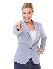 Image showing Portrait, pointing and business woman in studio for calling, direction or choosing hand gesture. Smile, happy and professional female person with decision expression isolated by white background.