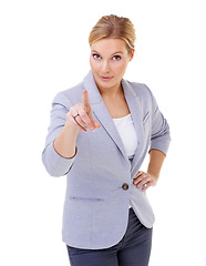 Image showing Serious, pointing and business woman in studio for calling, direction or choosing hand gesture. Smile, happy and professional female person with decision expression isolated by white background.