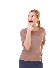 Image showing Smile, space and thinking with natural woman in studio isolated on white background for contemplation. Vision, future and planning with happy young person on mockup for inspiration or opportunity