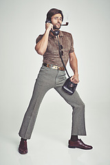 Image showing Fashion, man and portrait with telephone or smoking in studio with vintage retro, hipster outfit and confidence. Model, person and face with 70s style, calm expression and pride with white background