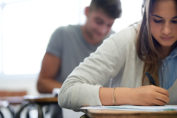 Image showing College, writing and woman in classroom with notebook for development in learning, opportunity and future. Education, knowledge and growth for university student in lecture, studying for exam or test