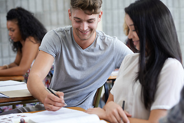 Image showing Students, books and university classroom for education or academic exam for collage, scholarship or studying. Men, women and friends or lesson for course learning or lecture, assignment or knowledge