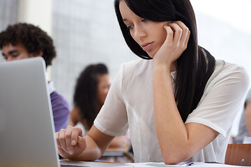 Image showing University, thinking and woman in classroom with laptop for development in learning, opportunity and future. Education, knowledge and computer, college student in lecture studying for exam or test.