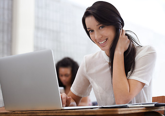 Image showing Woman, student and portrait with laptop in university classroom for web assignment, project or learning. Female person, face and academic lecture for online notes or internet search, test or college