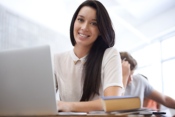 Image showing University, books and portrait of woman in classroom with development in learning, opportunity and future. Education, knowledge and growth for college student in lecture, studying for exam or test.