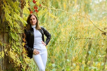 Image showing A young beautiful girl leans on a wooden wall against the backdrop of an autumn forest and looks into the frame