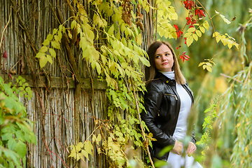 Image showing A young beautiful girl leans on a wooden wall against the backdrop of an autumn forest and looks along the wall