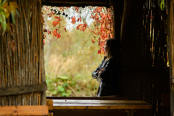 Image showing A young beautiful girl stands in the doorway of an old hut and looks out of the hut into the distance