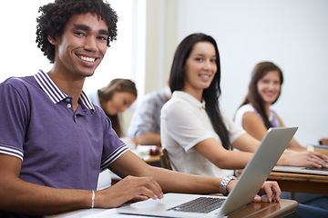 Image showing University, laptop and portrait of students in classroom with smile, learning and future opportunity. Education, knowledge and growth for group of people in college lecture studying for online exam
