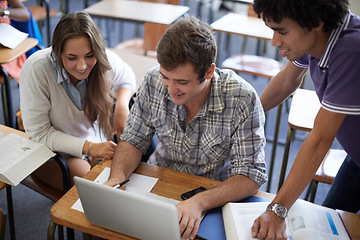 Image showing University, research and students at laptop together for development in learning, test and opportunity. Education, men and woman with internet, group project and study for online exam with high angle