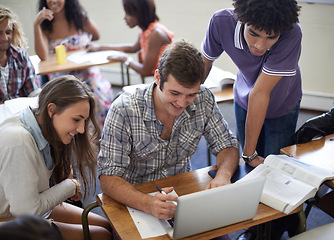 Image showing College, education and students at laptop together for learning, test and future opportunity with high angle. Research, men and woman with internet, group project and studying for online exam at desk