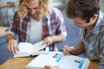 Image showing Men, students and reading from textbook in university classroom for group work, education or research. Male people, friends and college lecture for test information or together, knowledge or learning