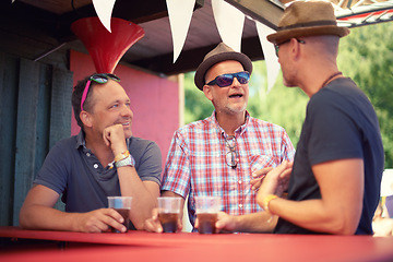 Image showing Men, friends and drinking beer at music festival, talking and bonding together at social gathering. People, group and alcohol at party, carnival and concert for celebration event in summer outdoor