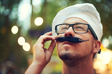 Image showing Man, fake mustache and beret at concert with thinking in nature, creative idea and french fashion on vacation. Person, glasses and touch moustache for inspiration, muse and travel in bokeh in europe