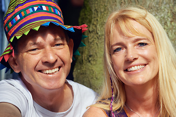 Image showing Couple, happy and smile in forest in portrait for connection, bonding and unity outdoors together in nature. Man, woman and face in woods for festival, socialising or adventure with joy in Australia