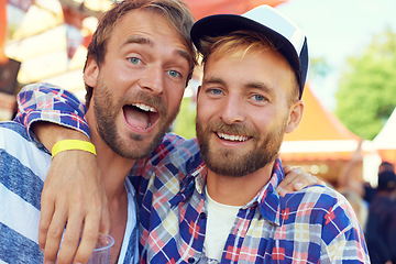 Image showing Hug, friends and excited in portrait at festival in nature, reunion and bonding together on holiday. Men, face or happiness on vacation in forest or danish music culture at annual concert in denmark