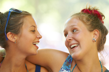 Image showing Friends, happy and smile in nature for connection, bonding and unity outdoors together in forest. Female people, closeup and affection with joy for walking, socialising and adventure in Canada