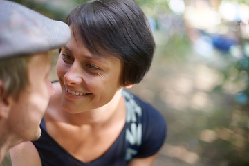 Image showing Couple, happy and together with smile outdoors for love, bonding and collaboration in nature. Man, woman and flat cap with appreciation for relationship, marriage or partnership from high angle