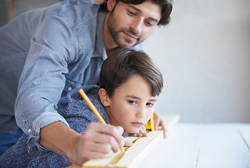 Image showing Father, son and woodwork or teaching for furniture manufacturing for bonding, home repairs or construction. Male person, child and parenting for carpenter learning or renovation, lesson or building