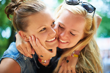 Image showing Lesbian couple, smile and women at music festival outdoor, bonding and having fun together at summer event. Love, lgbtq and happy girls at party for celebration, connection and relationship in nature