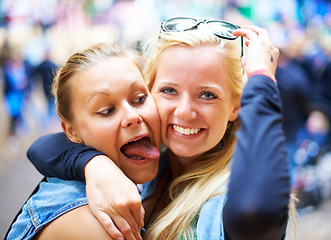 Image showing Lesbian couple, smile and portrait of women at music festival outdoor, love and fun together on valentines day. Embrace, lgbtq and face of happy girls at party for celebration, funny or tongue out