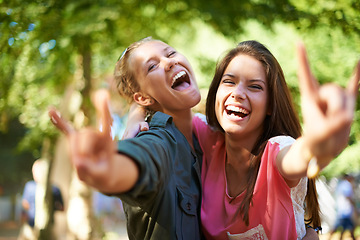 Image showing Friends, portrait and women with rock hands at music festival outdoor, bonding and fun together at summer event. Smile, horn sign and happy girls at party for celebration, excited or laugh in nature