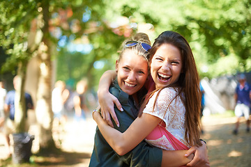 Image showing Portrait, girls or happy friends hug at music festival outdoor, event or bonding at concert. Face, embrace or women together at party for celebration, carnival or smile of people having fun in nature