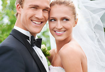 Image showing Couple, happy and pride for wedding celebration in outdoors, together and smiling in nature. People, love and commitment to relationship with marriage, formal fashion and romance at outside ceremony