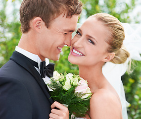 Image showing Couple, happy and affection at wedding celebration in outdoors, together and smiling in nature. Bride, portrait and commitment to relationship with marriage, love and romance at outside ceremony