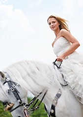 Image showing Wedding, woman and portrait with riding horse outdoor on grass for celebration, marriage or confidence on mockup. Bride, face and stallion on lawn in field with smile, dress and animal at ceremony