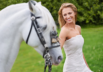 Image showing Wedding, woman and happy with horse outdoor on grass for celebration, marriage or confidence in countryside. Bride, person and stallion on lawn in field with smile, dress or animal at event in nature