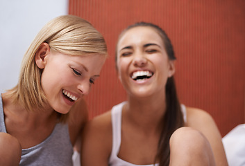 Image showing Women, friend and laughing for beauty, together and sleepover night out and bonding. Female, gossip and smile about date, catch up and happiness together for college roommate and talk at home