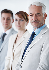 Image showing Portrait of three corporate business people , standing in a row and inside of the boardroom . Smiling friendly group of three business partners of different age private company staff posing